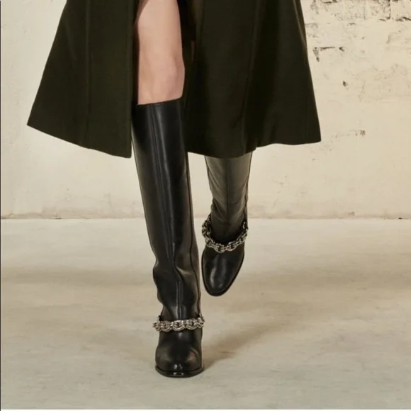 Zara Long Black Leather Wedge Silver Metal Chain Boots SZ 6 - Picture 4 of 14